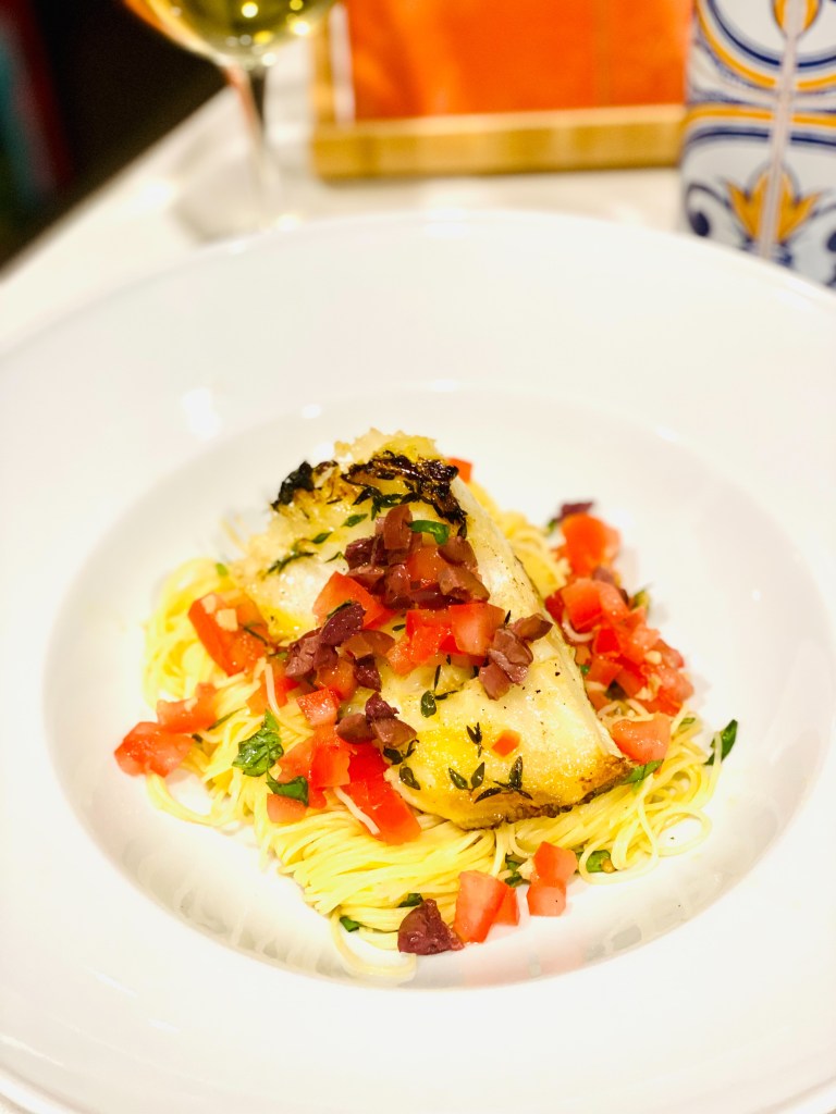 Grilled Sea Bass with Sauce Vierge and Tomato/Olive&nbsp;Gremolata